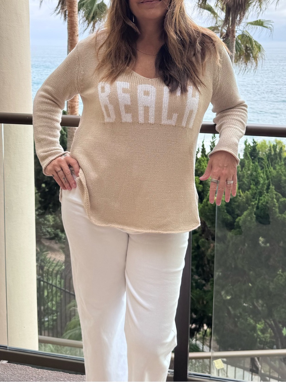 Miracle Brand BEACH Graphic Knit Sweater Beige Crewneck Coastal Pullover Size L